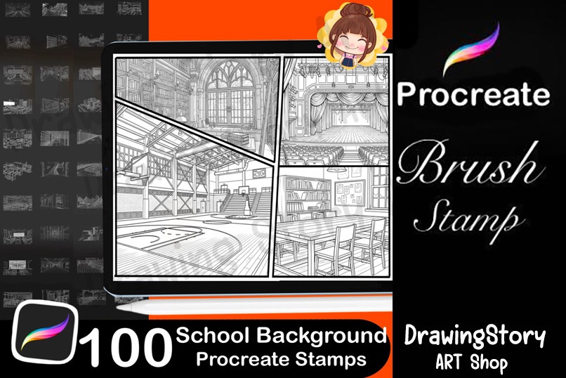 100 School Background Stamp Brushes for Manga & Illustration (学校の背景ブラシ)