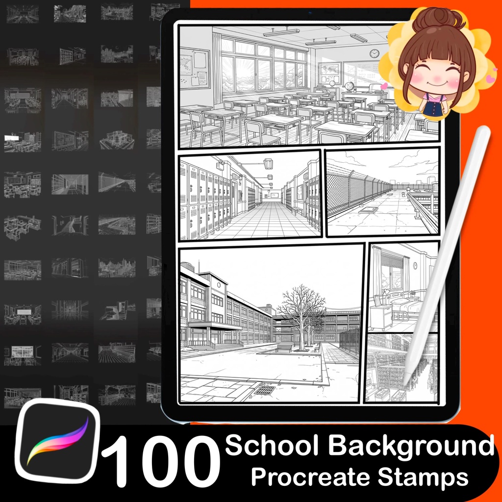 100 School Background Stamp Brushes for Manga & Illustration (学校の背景ブラシ)