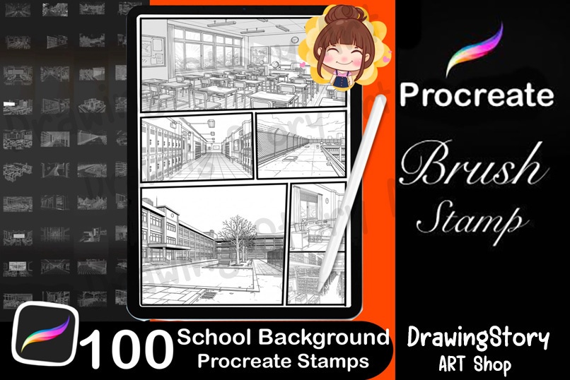 100 School Background Stamp Brushes for Manga & Illustration (学校の背景ブラシ)