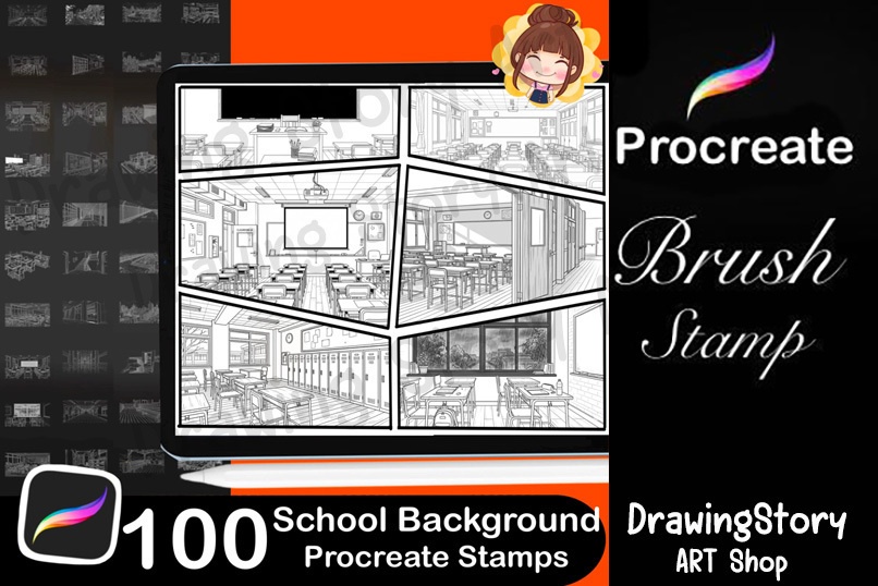 100 School Background Stamp Brushes for Manga & Illustration (学校の背景ブラシ)