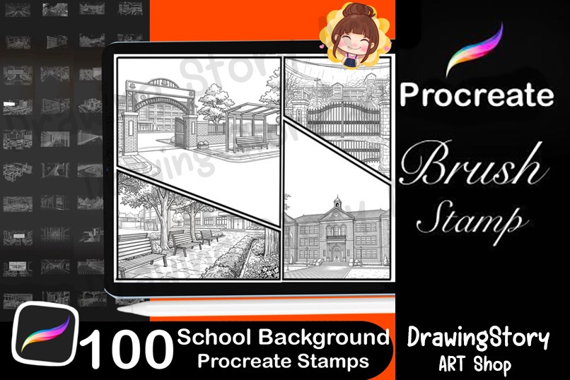 100 School Background Stamp Brushes for Manga & Illustration (学校の背景ブラシ)
