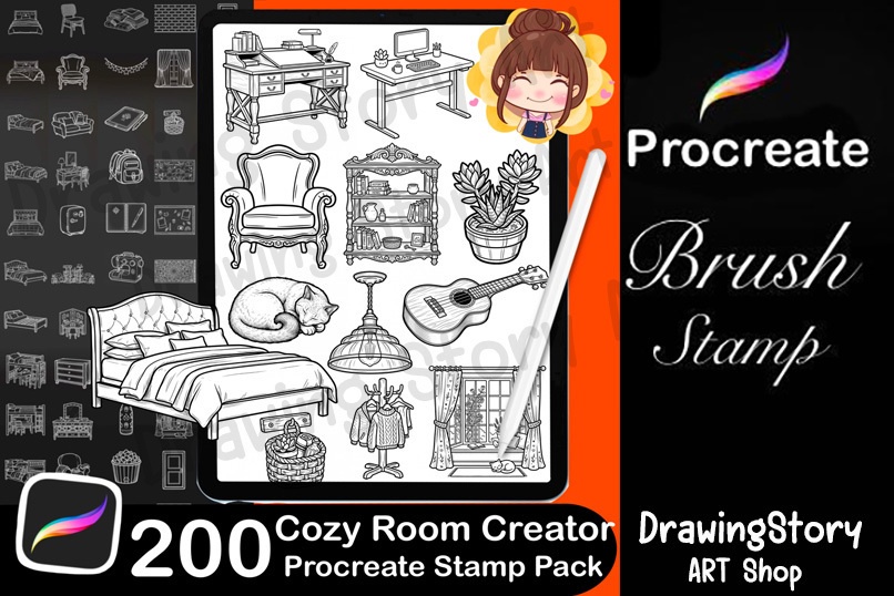 200 Cozy Room Creator Stamp Brushes / Isometric Furniture Pack (お部屋・家具ブラシセット)