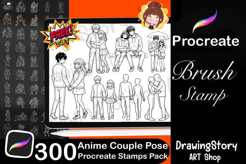 300 Anime Couple Pose Stamps for Procreate, Romantic Manga Drawing Base Pack
