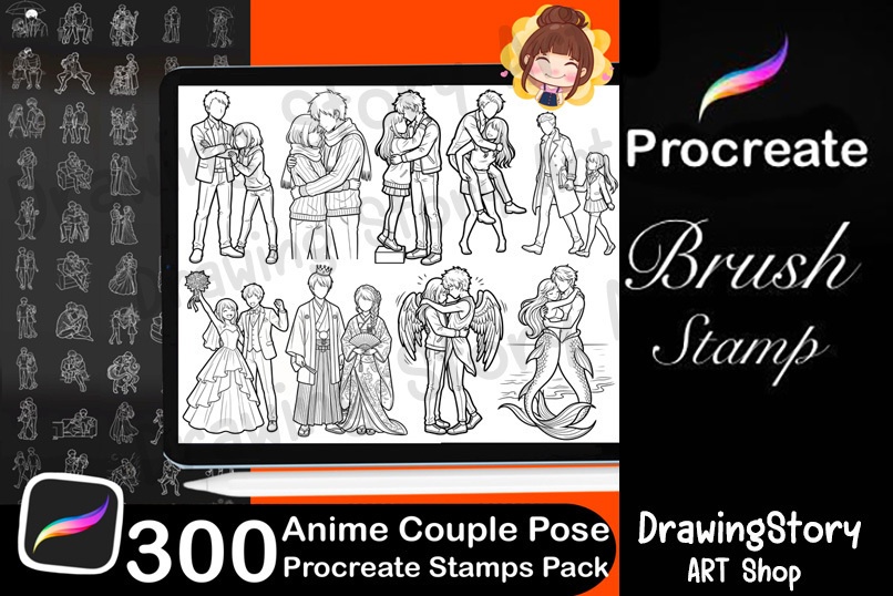 300 Anime Couple Pose Stamps for Procreate, Romantic Manga Drawing Base Pack