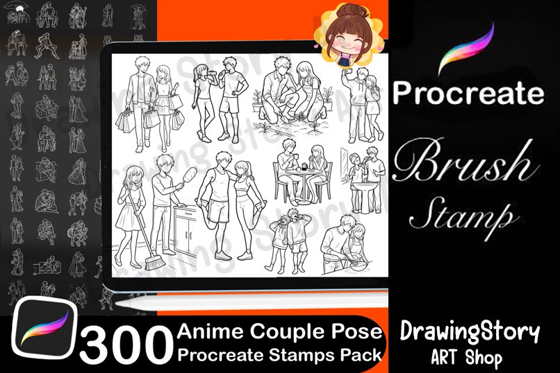300 Anime Couple Pose Stamps for Procreate, Romantic Manga Drawing Base Pack