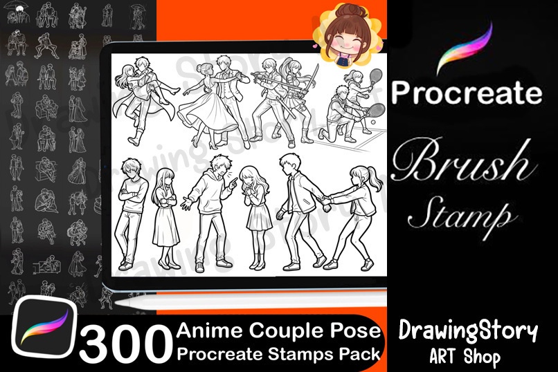 300 Anime Couple Pose Stamps for Procreate, Romantic Manga Drawing Base Pack