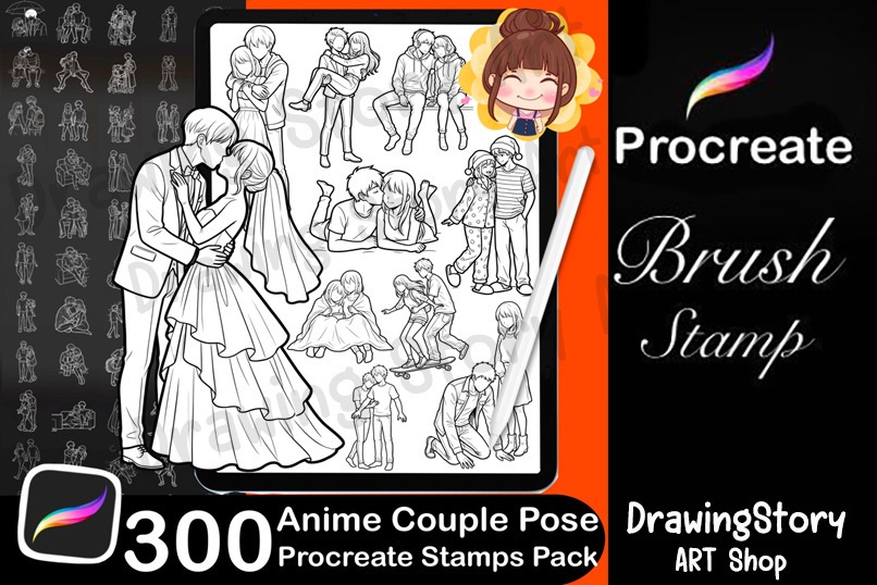 300 Anime Couple Pose Stamps for Procreate, Romantic Manga Drawing Base Pack