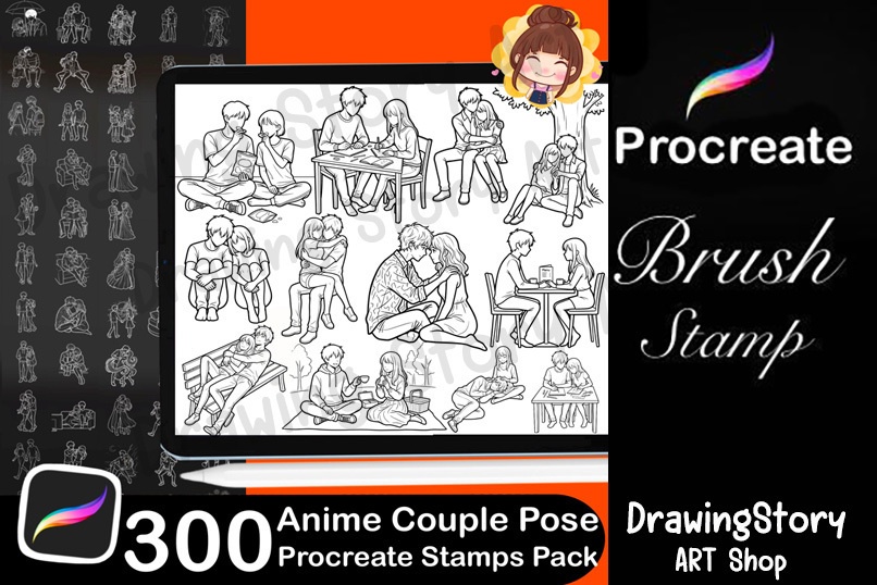 300 Anime Couple Pose Stamps for Procreate, Romantic Manga Drawing Base Pack