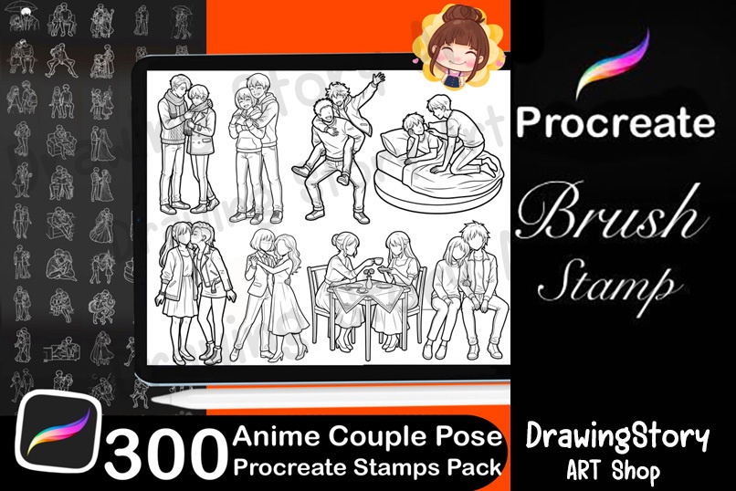 300 Anime Couple Pose Stamps for Procreate, Romantic Manga Drawing Base Pack