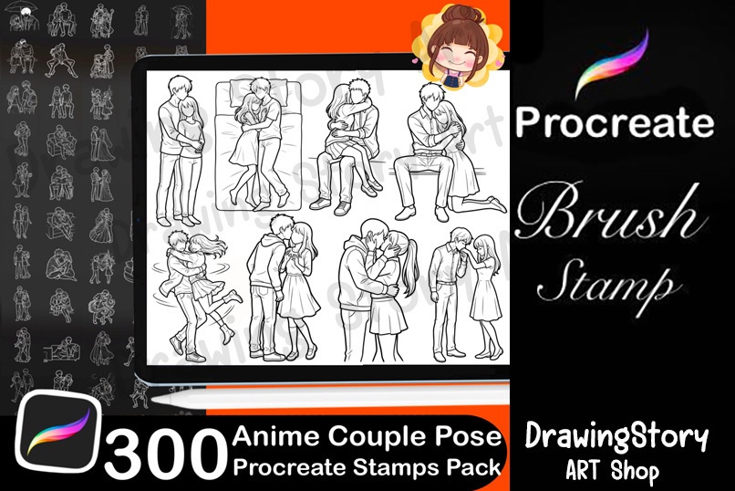 300 Anime Couple Pose Stamps for Procreate, Romantic Manga Drawing Base Pack