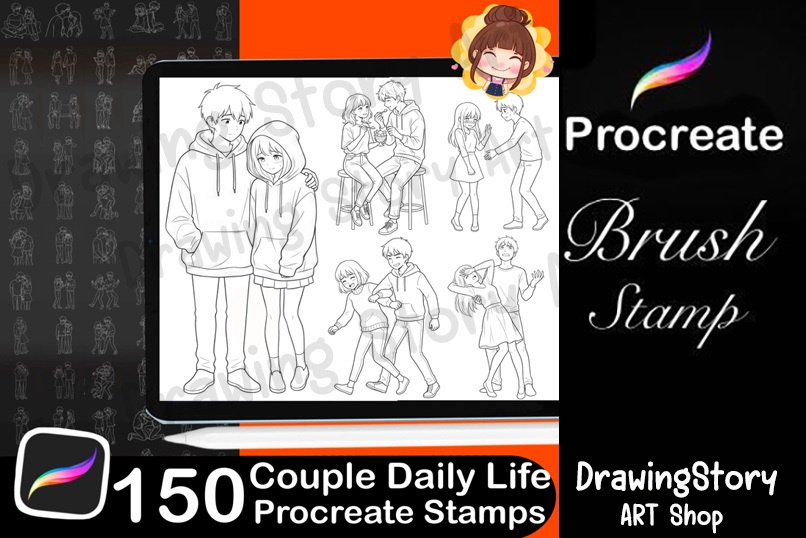 【Procreate/CSP】カップルの日常・恋愛ポーズスタンプ 150種セット (150 Couple Pose Stamps - Daily Life & Romance)