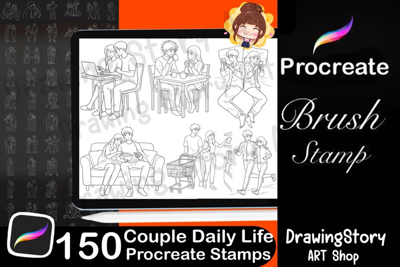 【Procreate/CSP】カップルの日常・恋愛ポーズスタンプ 150種セット (150 Couple Pose Stamps - Daily Life & Romance)