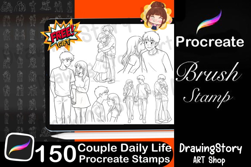 【Procreate/CSP】カップルの日常・恋愛ポーズスタンプ 150種セット (150 Couple Pose Stamps - Daily Life & Romance)