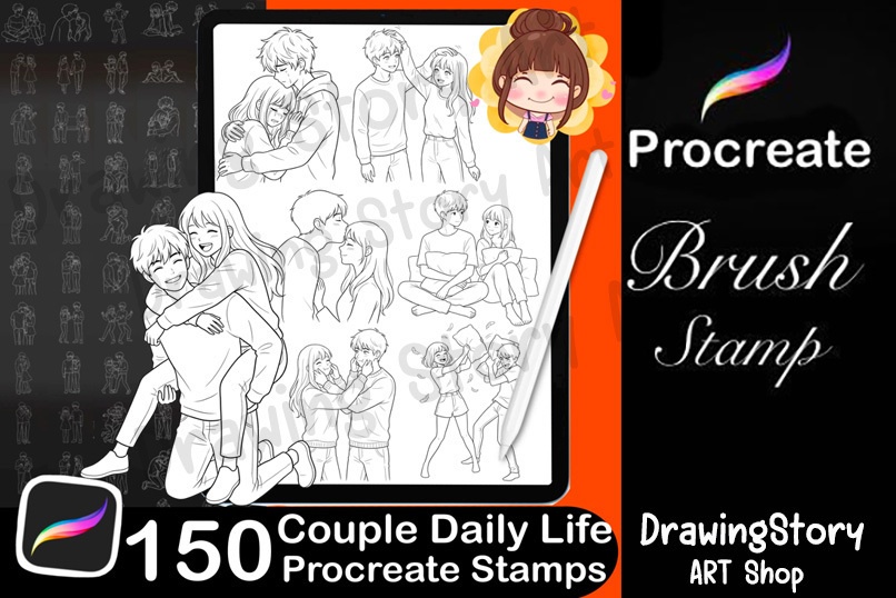 【Procreate/CSP】カップルの日常・恋愛ポーズスタンプ 150種セット (150 Couple Pose Stamps - Daily Life & Romance)