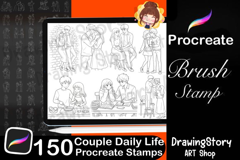 【Procreate/CSP】カップルの日常・恋愛ポーズスタンプ 150種セット (150 Couple Pose Stamps - Daily Life & Romance)