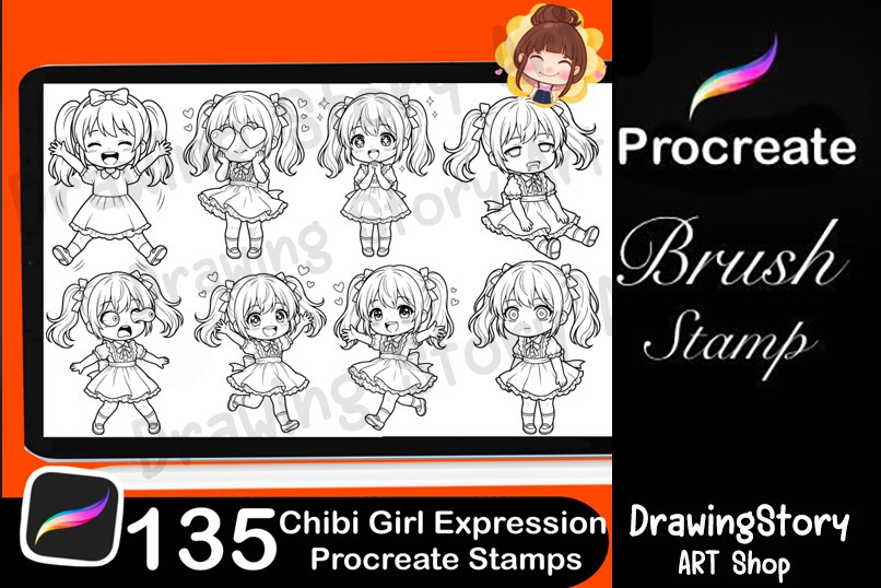 ミニキャラ女の子 表情スタンプ 135種セット (135 Chibi Girl Expression Stamps)