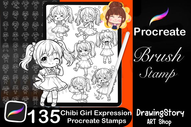 ミニキャラ女の子 表情スタンプ 135種セット (135 Chibi Girl Expression Stamps)