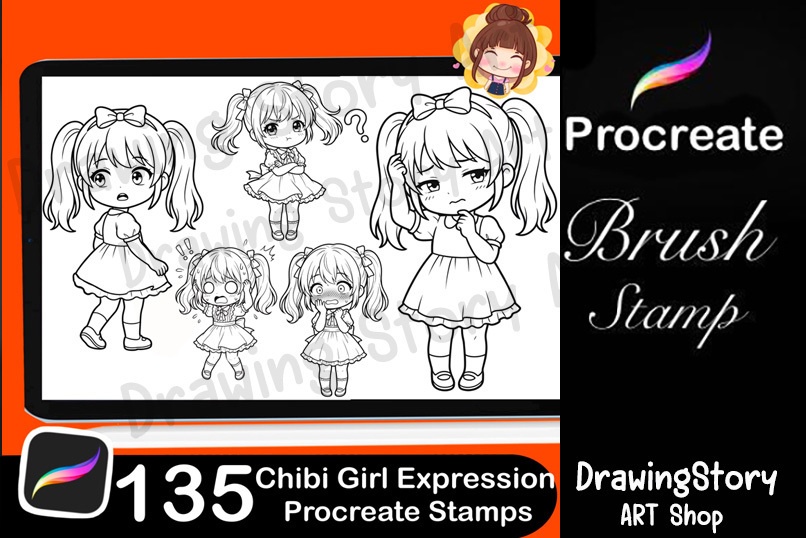 ミニキャラ女の子 表情スタンプ 135種セット (135 Chibi Girl Expression Stamps)