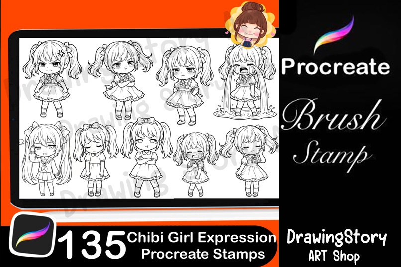 ミニキャラ女の子 表情スタンプ 135種セット (135 Chibi Girl Expression Stamps)
