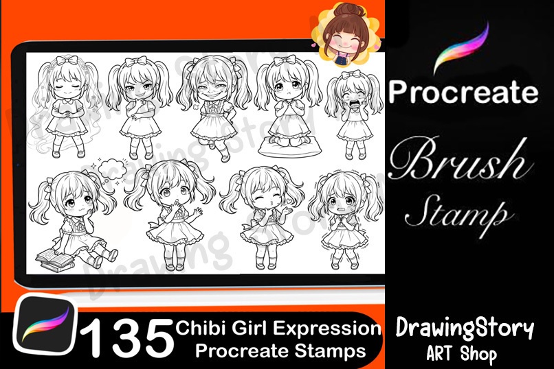 ミニキャラ女の子 表情スタンプ 135種セット (135 Chibi Girl Expression Stamps)
