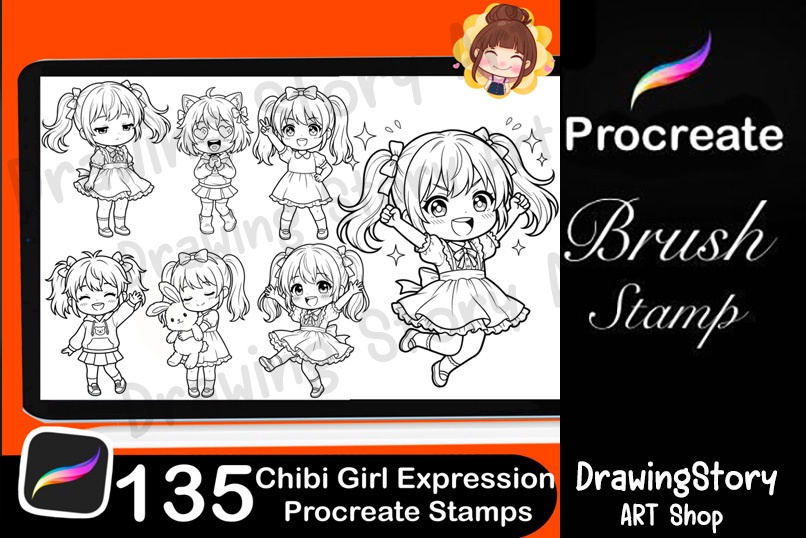 ミニキャラ女の子 表情スタンプ 135種セット (135 Chibi Girl Expression Stamps)