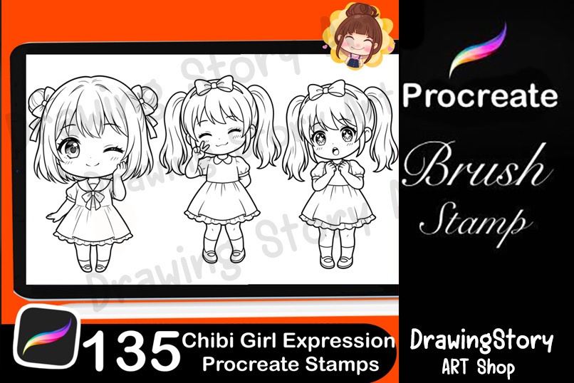 ミニキャラ女の子 表情スタンプ 135種セット (135 Chibi Girl Expression Stamps)