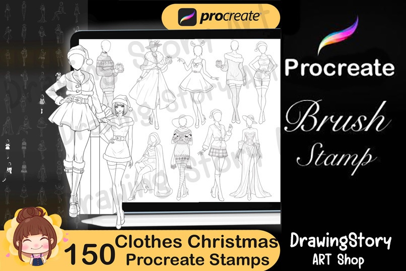 150+ Anime Christmas Girl Clothes Procreate Stamps / アニメ風 クリスマス衣装 Procreate ブラシセット