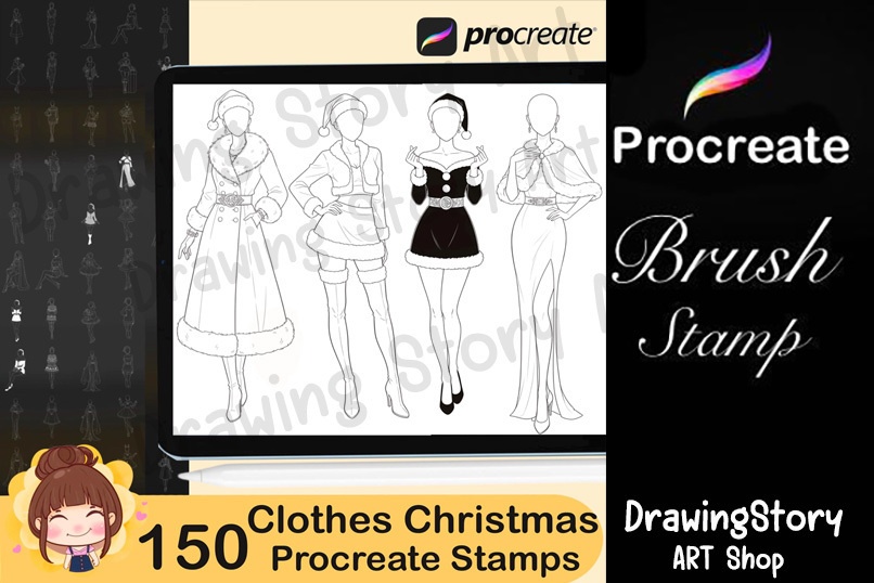 150+ Anime Christmas Girl Clothes Procreate Stamps / アニメ風 クリスマス衣装 Procreate ブラシセット