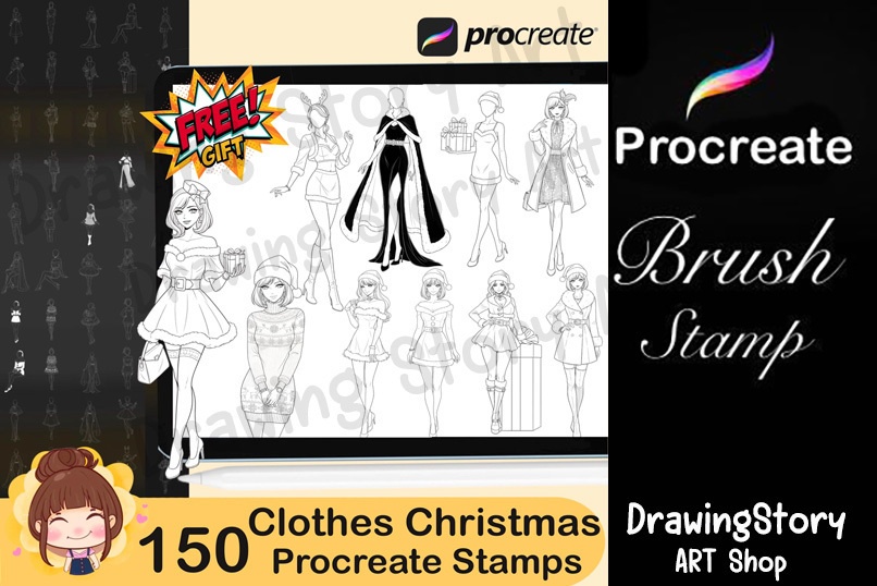 150+ Anime Christmas Girl Clothes Procreate Stamps / アニメ風 クリスマス衣装 Procreate ブラシセット