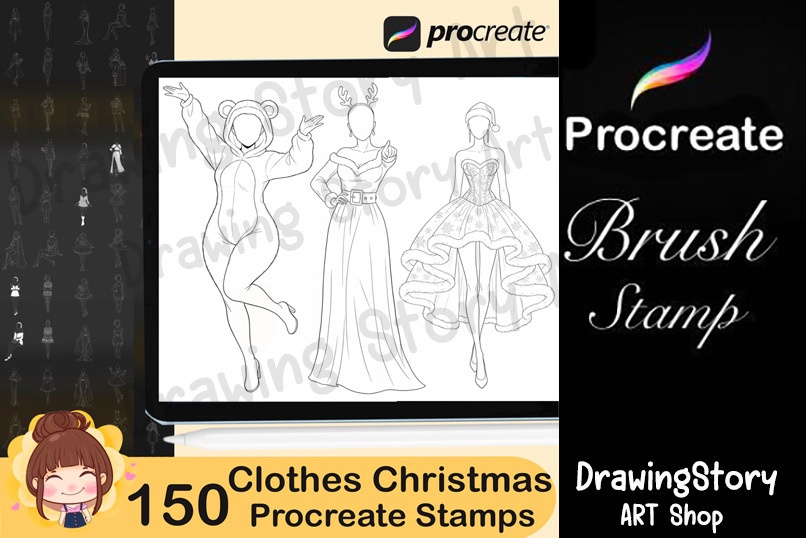 150+ Anime Christmas Girl Clothes Procreate Stamps / アニメ風 クリスマス衣装 Procreate ブラシセット