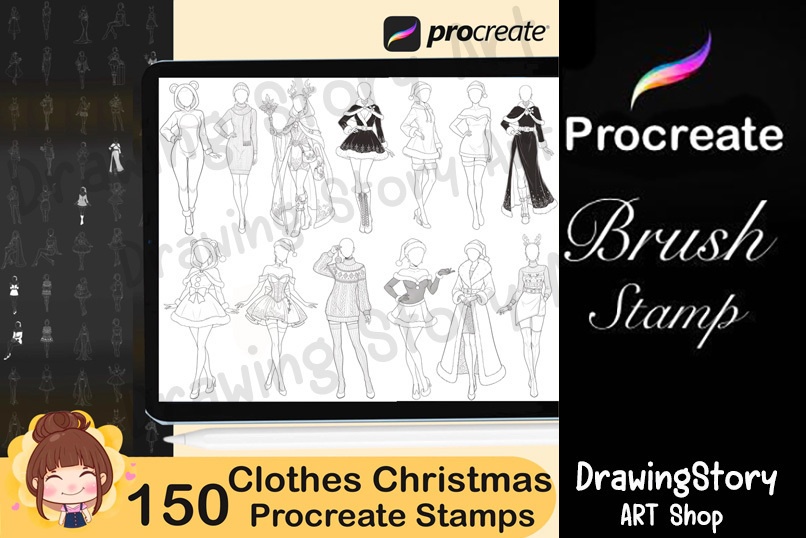 150+ Anime Christmas Girl Clothes Procreate Stamps / アニメ風 クリスマス衣装 Procreate ブラシセット
