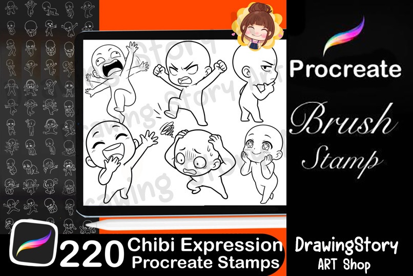 220+ Chibi Expression Procreate Stamps / ミニキャラ 表情・ポーズ Procreate ブラシセット