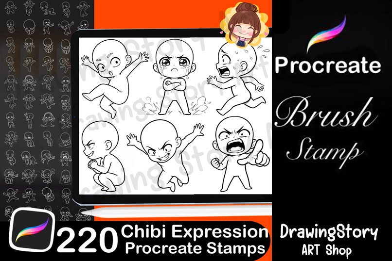 220+ Chibi Expression Procreate Stamps / ミニキャラ 表情・ポーズ Procreate ブラシセット