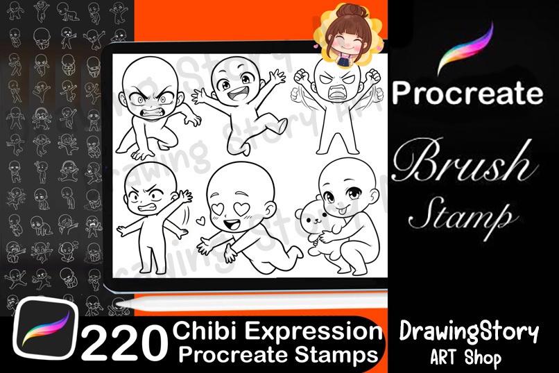 220+ Chibi Expression Procreate Stamps / ミニキャラ 表情・ポーズ Procreate ブラシセット