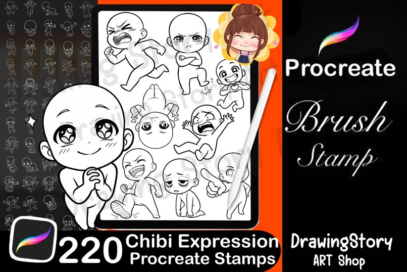 220+ Chibi Expression Procreate Stamps / ミニキャラ 表情・ポーズ Procreate ブラシセット