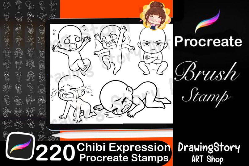 220+ Chibi Expression Procreate Stamps / ミニキャラ 表情・ポーズ Procreate ブラシセット