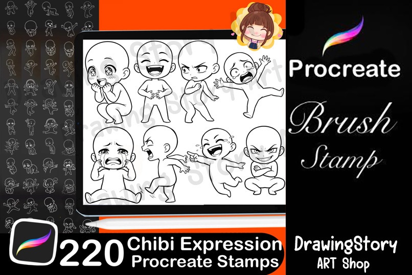 220+ Chibi Expression Procreate Stamps / ミニキャラ 表情・ポーズ Procreate ブラシセット