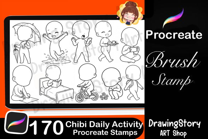 170+ Chibi Daily Life Activity Stamps / ミニキャラ 日常動作・ポーズ Procreate ブラシセット