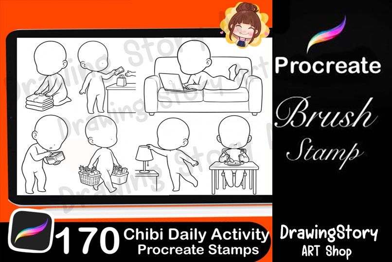 170+ Chibi Daily Life Activity Stamps / ミニキャラ 日常動作・ポーズ Procreate ブラシセット