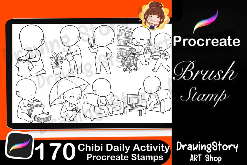170+ Chibi Daily Life Activity Stamps / ミニキャラ 日常動作・ポーズ Procreate ブラシセット