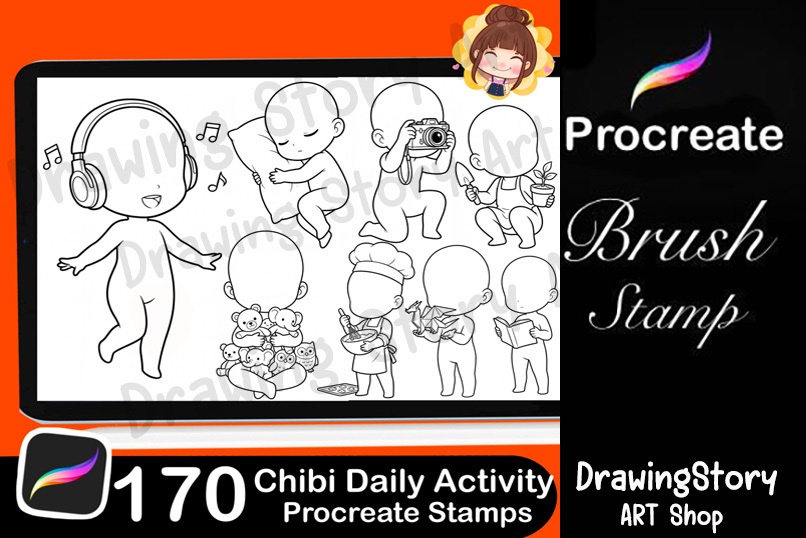 170+ Chibi Daily Life Activity Stamps / ミニキャラ 日常動作・ポーズ Procreate ブラシセット