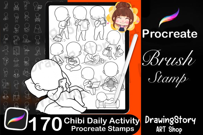 170+ Chibi Daily Life Activity Stamps / ミニキャラ 日常動作・ポーズ Procreate ブラシセット