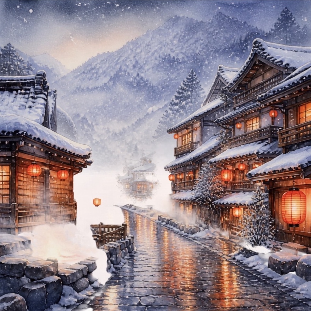 雪灯りの町|日本の冬景色 水彩風デジタルアート【ダウンロード版】