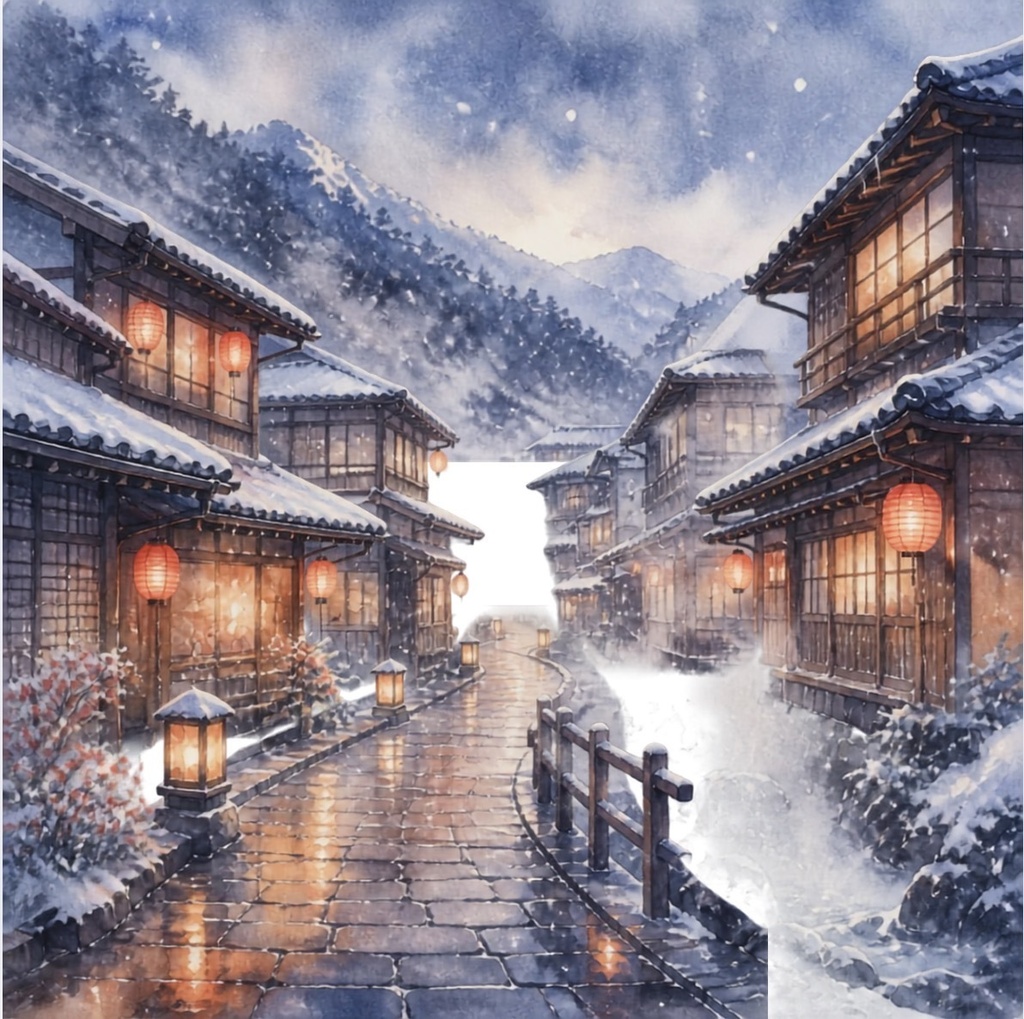 雪灯りの町|日本の冬景色 水彩風デジタルアート【ダウンロード版】