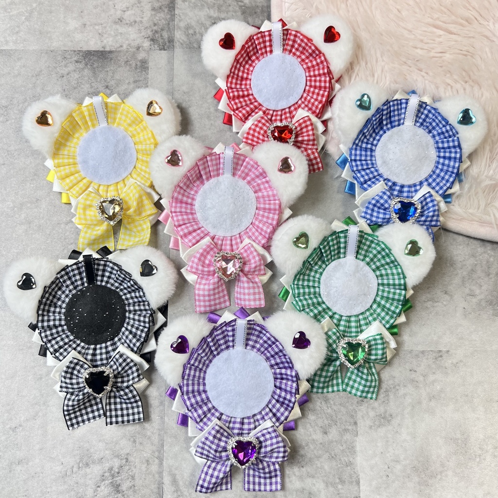 痛ロゼット 紫 チェック柄 くま くま耳 57mm