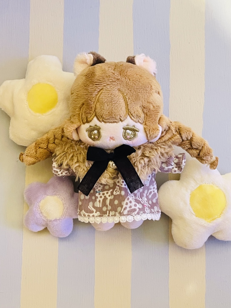 【10cmぬいぐるみサイズ】わんちゃん柄ワンピとふわふわ付け襟セット(ピンク)