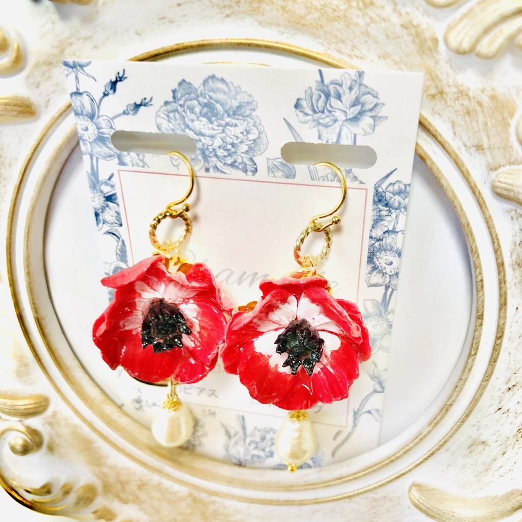 樹脂粘土アネモネ耳飾り