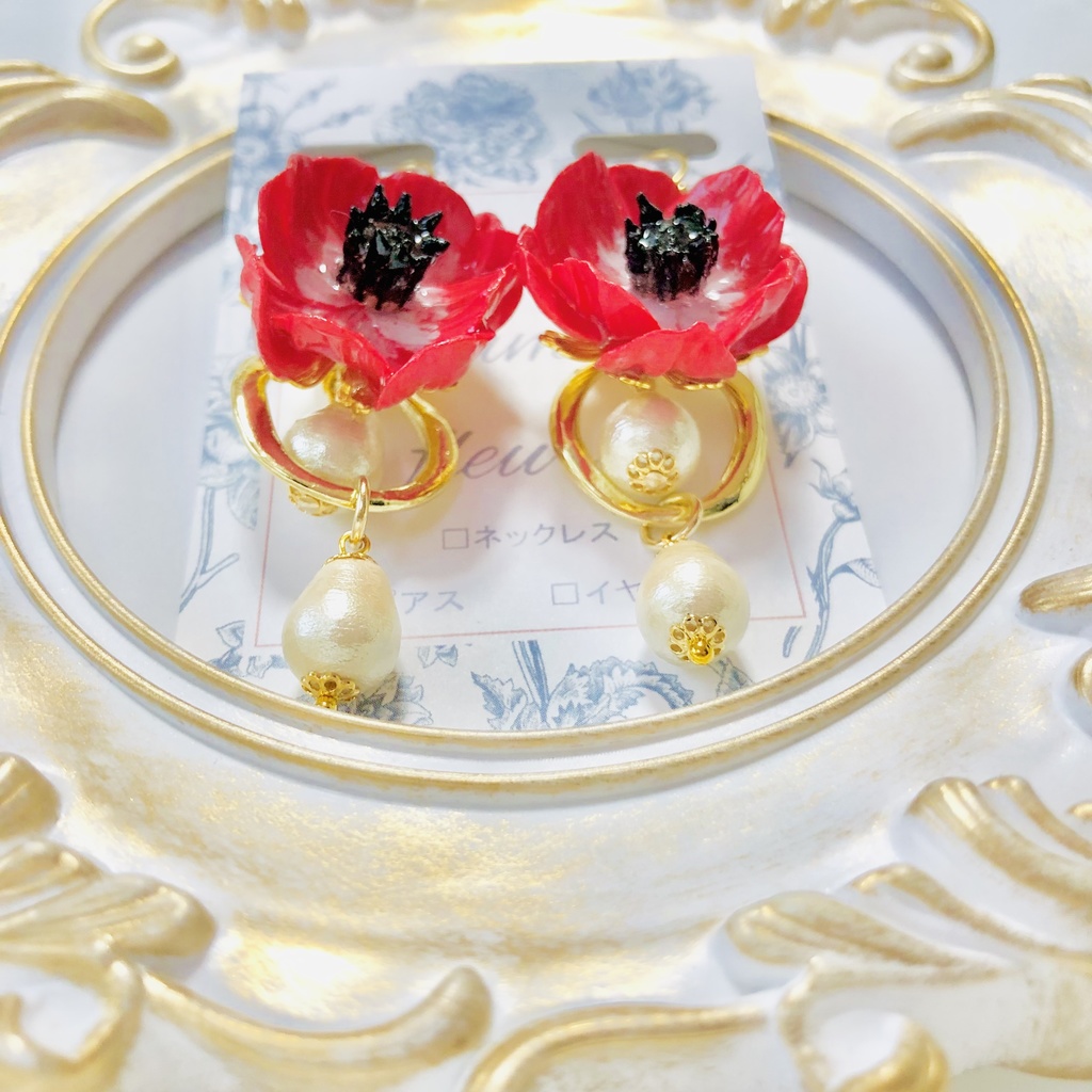 樹脂粘土アネモネ耳飾り