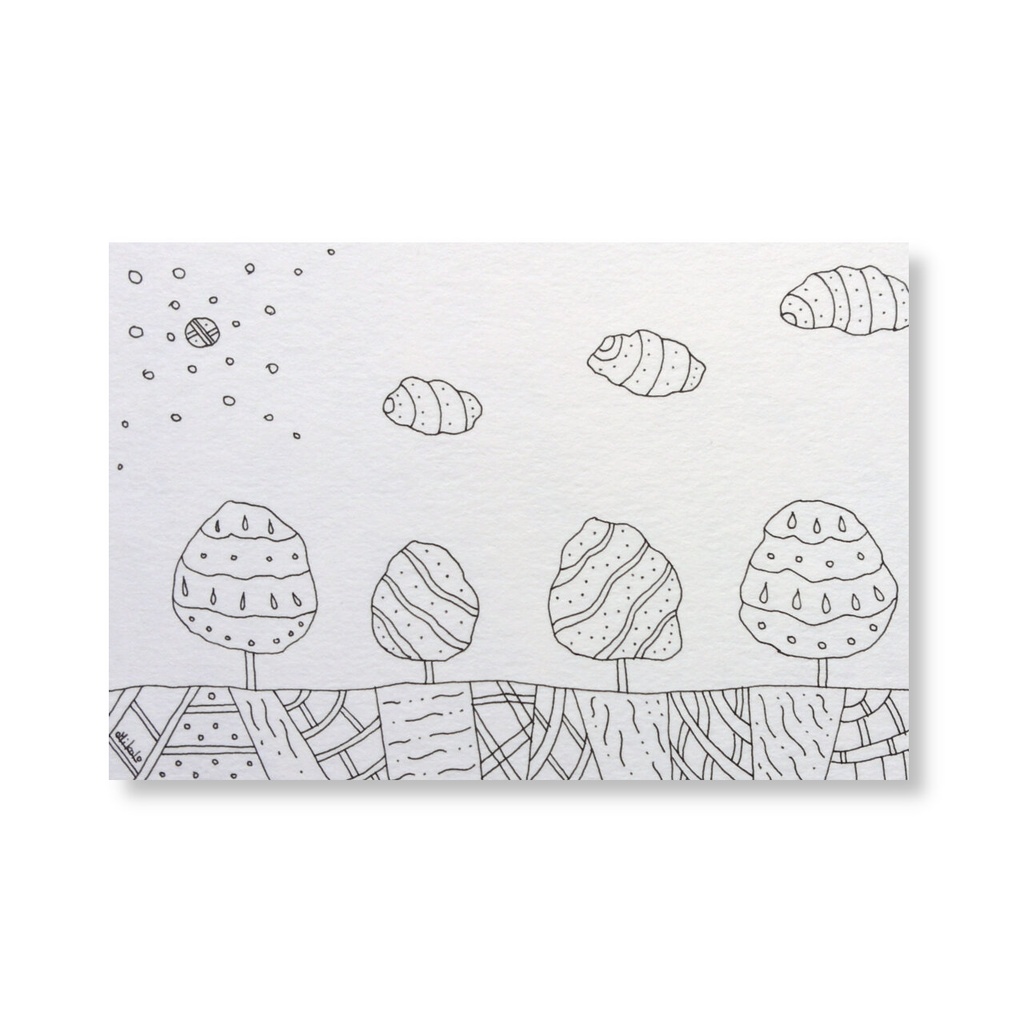 ペン画（ 原画 ）。「 夢見た場所に 飛んでいく 」