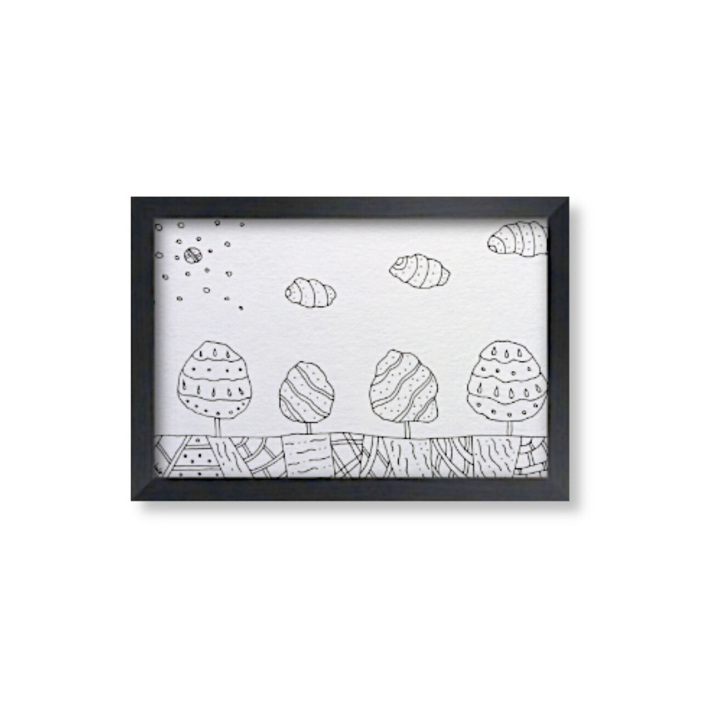 ペン画( 原画 )。「 夢見た場所に 飛んでいく 」